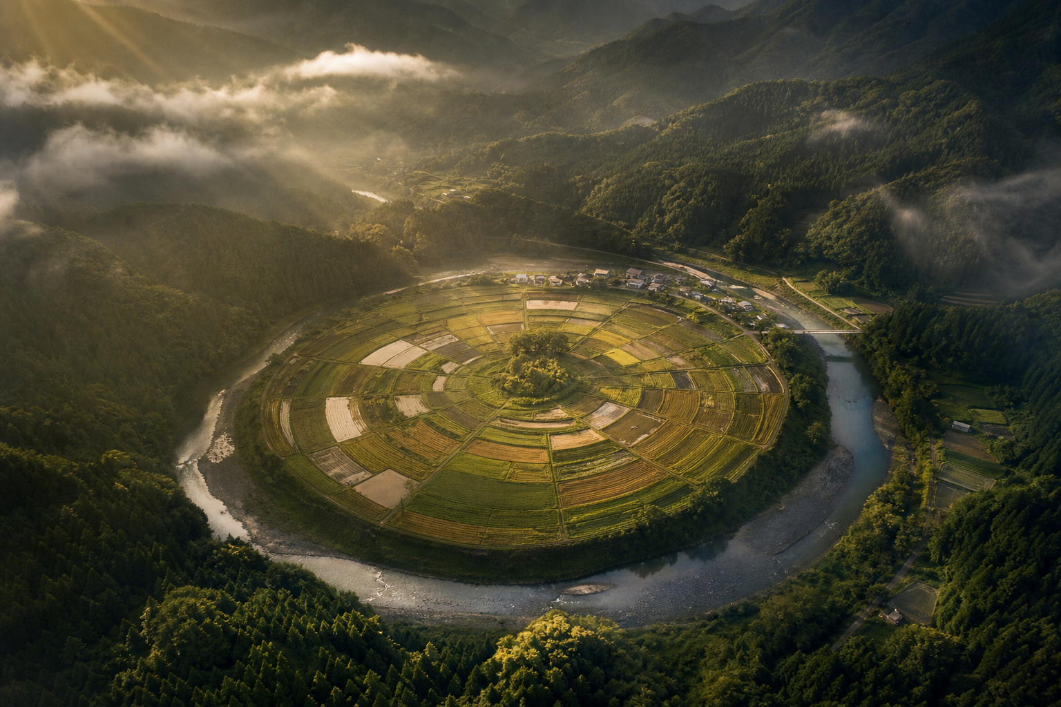 森と川に抱かれた円形の田園を上空から望む風景。地域から循環をつくるアースリンクジャパンの世界観を象徴する一枚。
